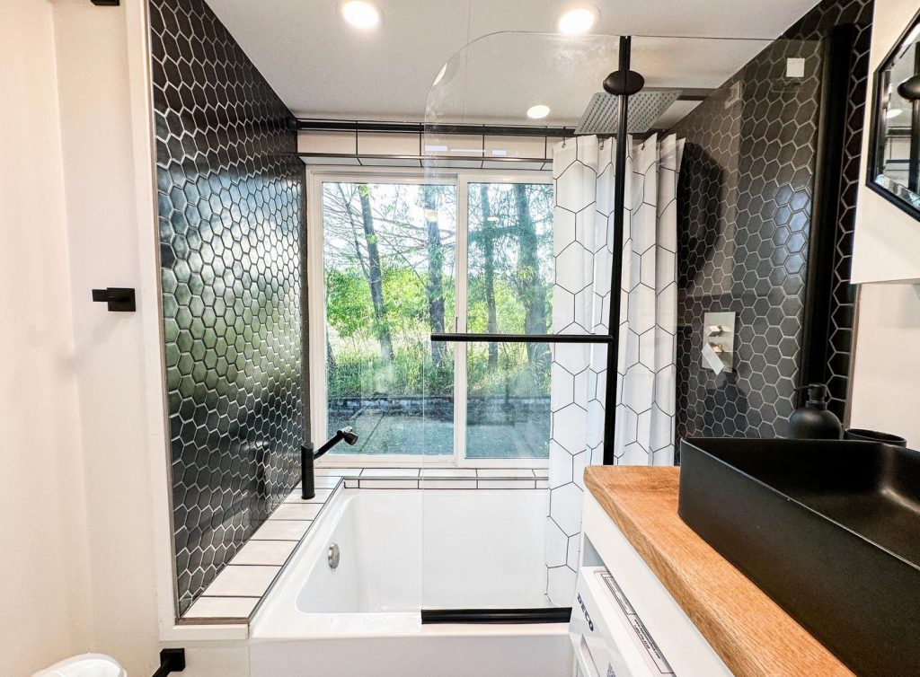 Tiny House bathroom with waterfall shower