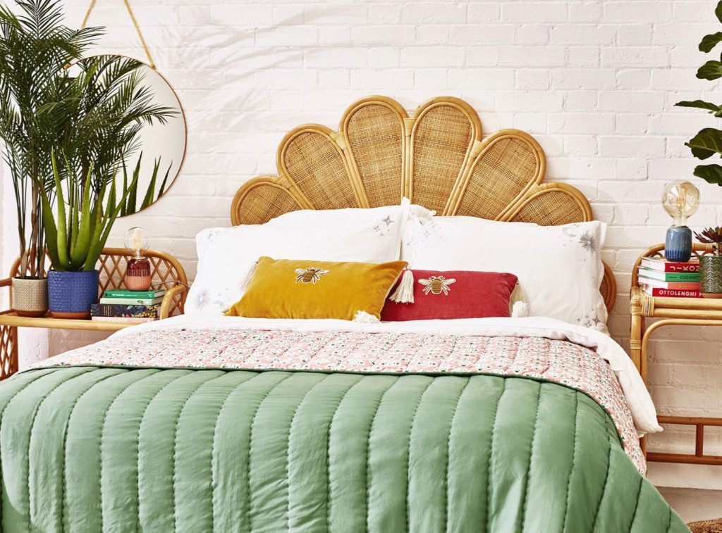 Boho decor bed with big headboard