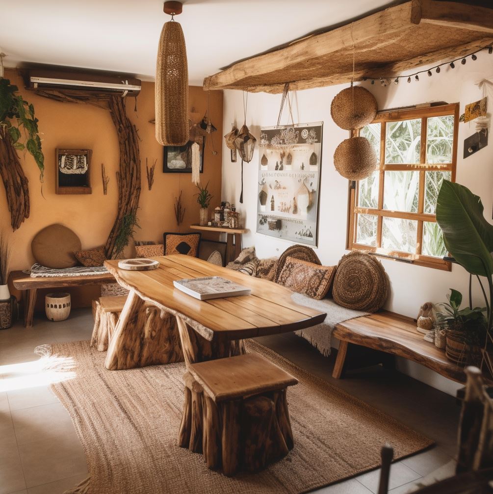 Natural wood boho decor for a small living room