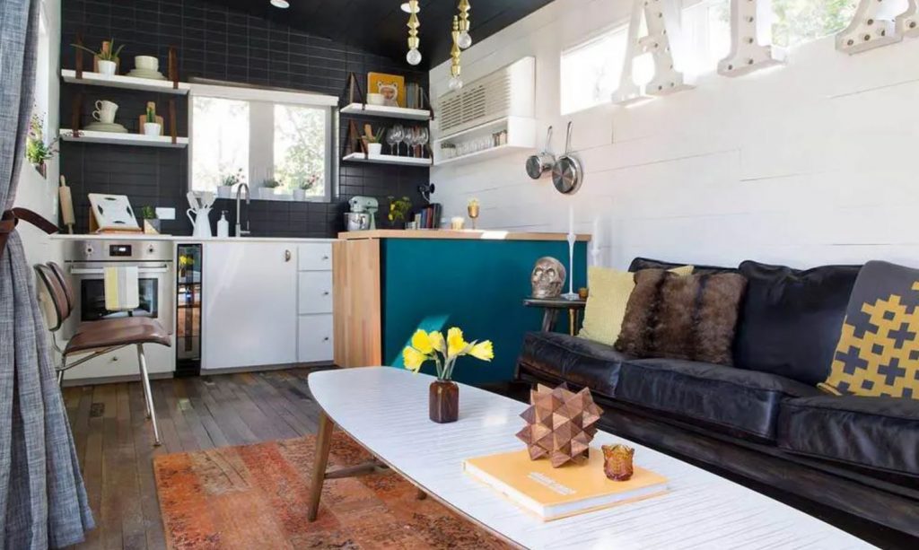 Mid century boho tiny house living room