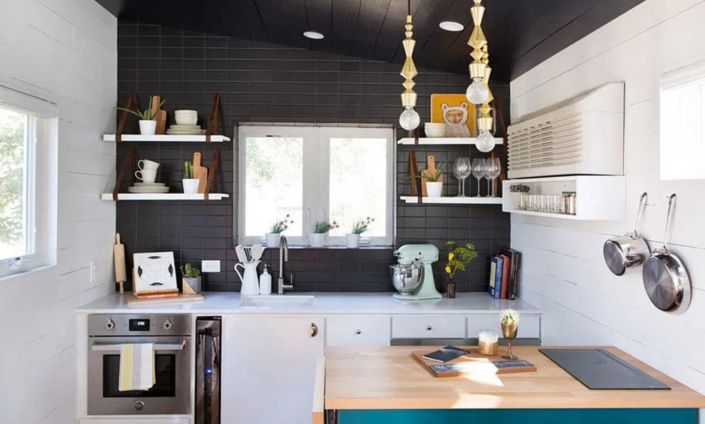 Mid century boho tiny house kitchen