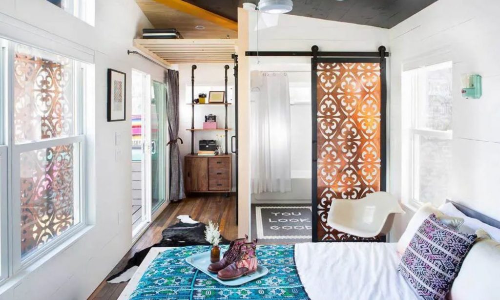 Mid century boho tiny house bedroom