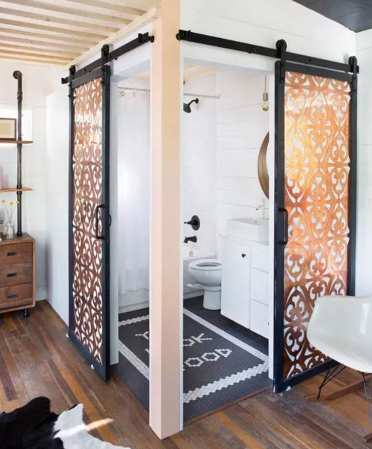 Mid century boho tiny house bathroom