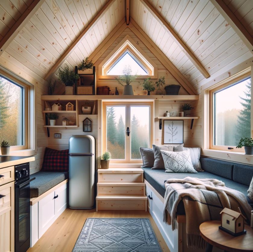 Traditional A-Frame Tiny House Interior with Loft and Natural Light
