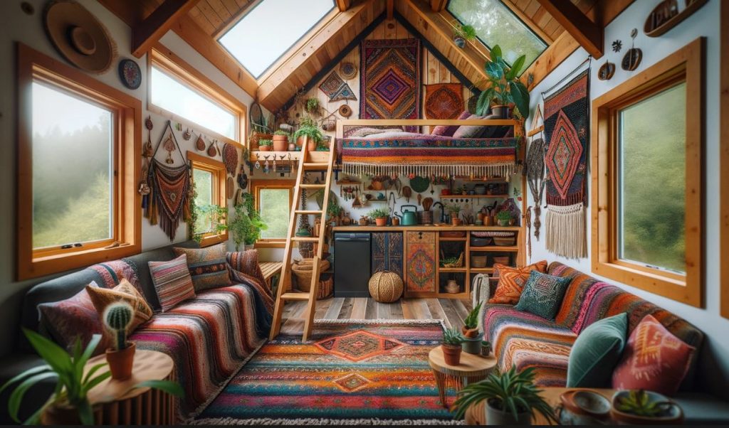 Eclectic Bohemian A-Frame Tiny House Interior