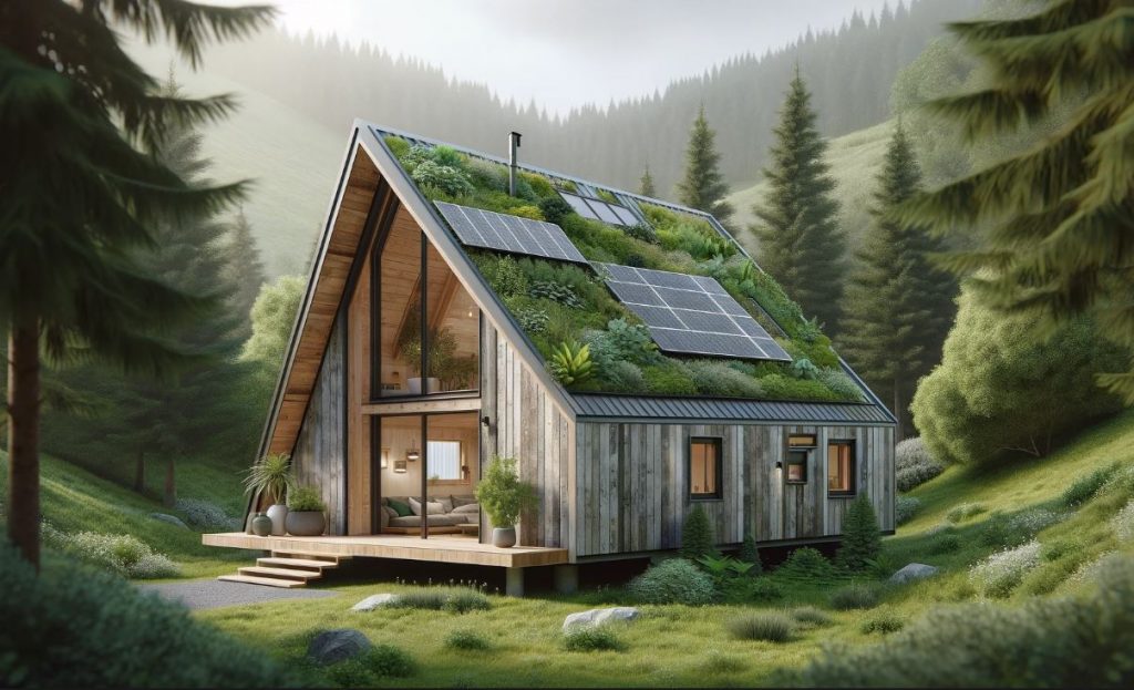 Sustainable A-Frame Tiny House with Solar Panels and Green Roof
