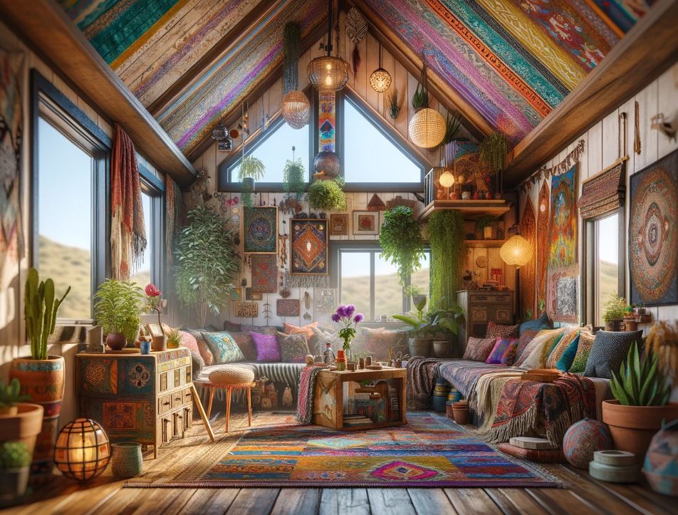 Bohemian A-Frame Tiny House with Colorful Interiors and Artistic Design