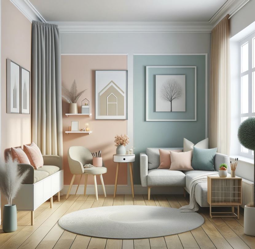 A cozy, small living room with walls painted in soft pastel colors, illustrating the calming effect of these hues in a compact space. Include modern, space-saving furniture and plenty of natural light.