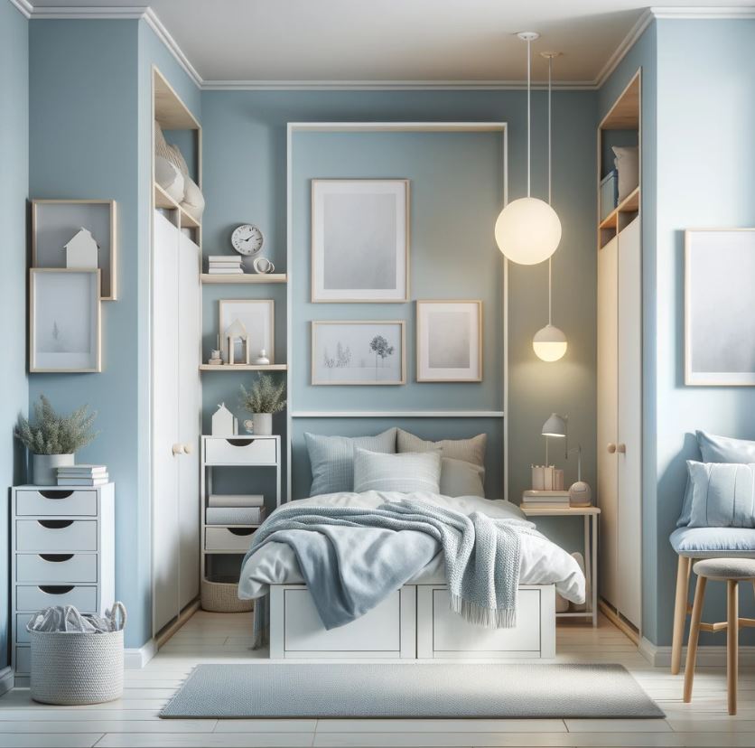 A small bedroom with walls painted in light blue, showcasing how the color expands the space visually. Feature minimalist decor and clever storage solutions in the room.