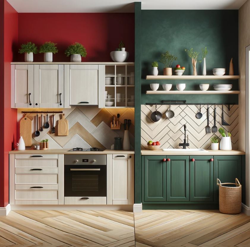 A compact kitchen space with one accent wall in a bold color like deep red or emerald green, complemented by neutral cabinets and countertops.
