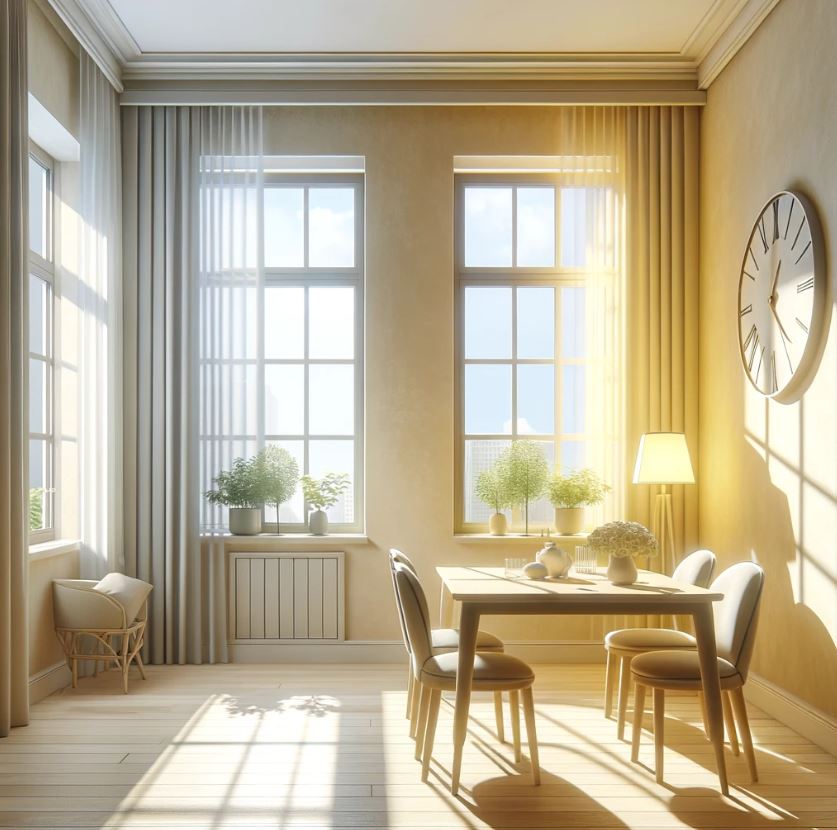 A depiction of a small dining area with large windows, showing how natural light affects the appearance of the soft yellow walls throughout the day.
