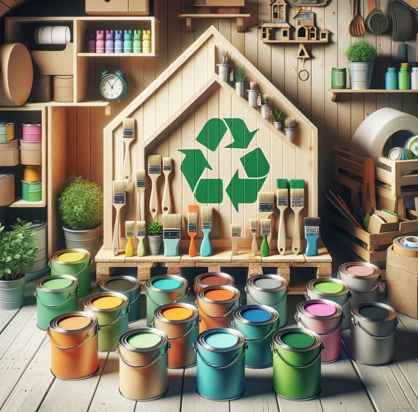 An image showcasing a range of eco-friendly paint cans with a variety of colors, placed in a well-organized, environmentally conscious tiny house setting.