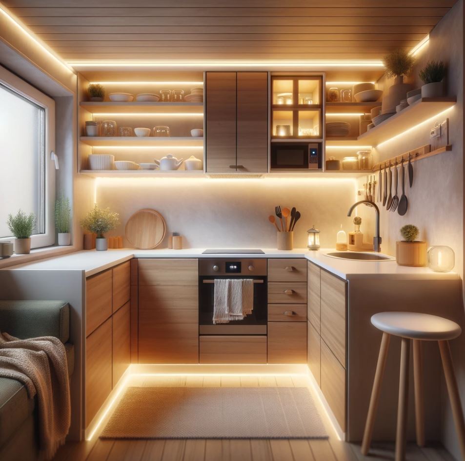 a tiny home kitchen counter brightly lit with LED under-cabinet lighting.