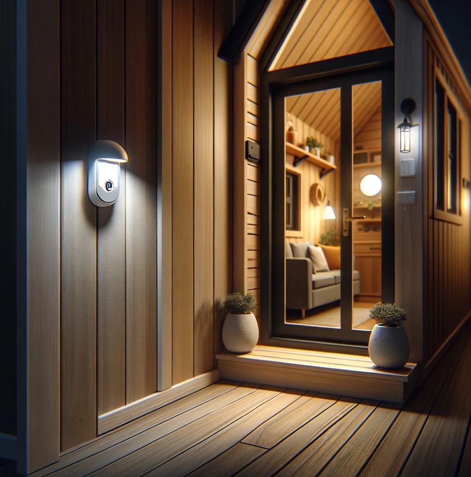 a well-lit tiny home entryway at night, activated by a motion sensor light.
