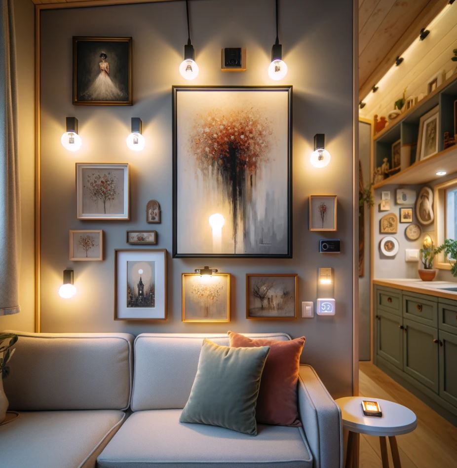 a tiny home interior showcasing artwork accentuated by discrete battery-powered lighting.