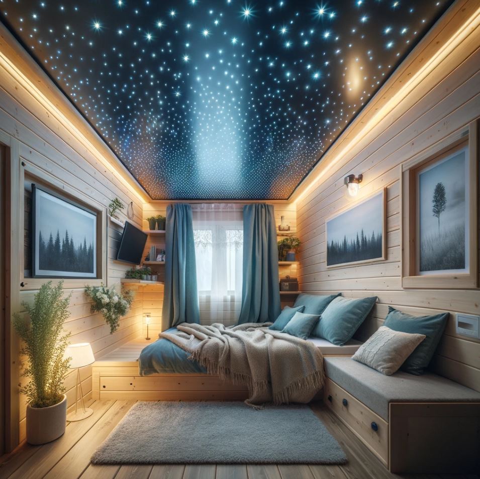a tiny home bedroom with a ceiling simulating a starry night sky with fiber optic lights