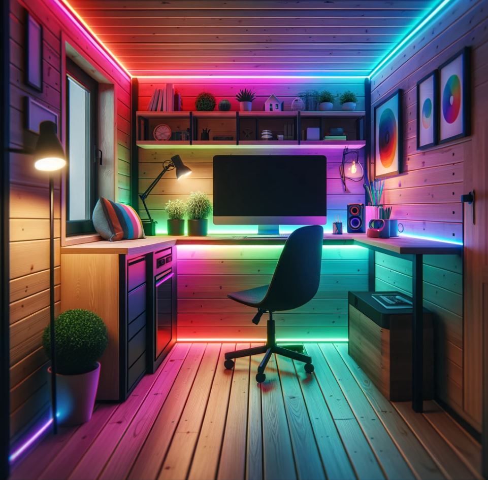 a trendy tiny home workspace with colorful RGB strip lighting highlighting the desk area.