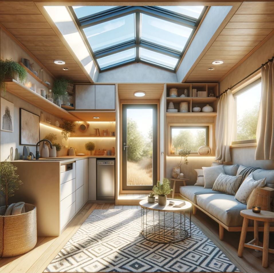 a tiny home interior with natural sunlight streaming in through a stylish skylight.