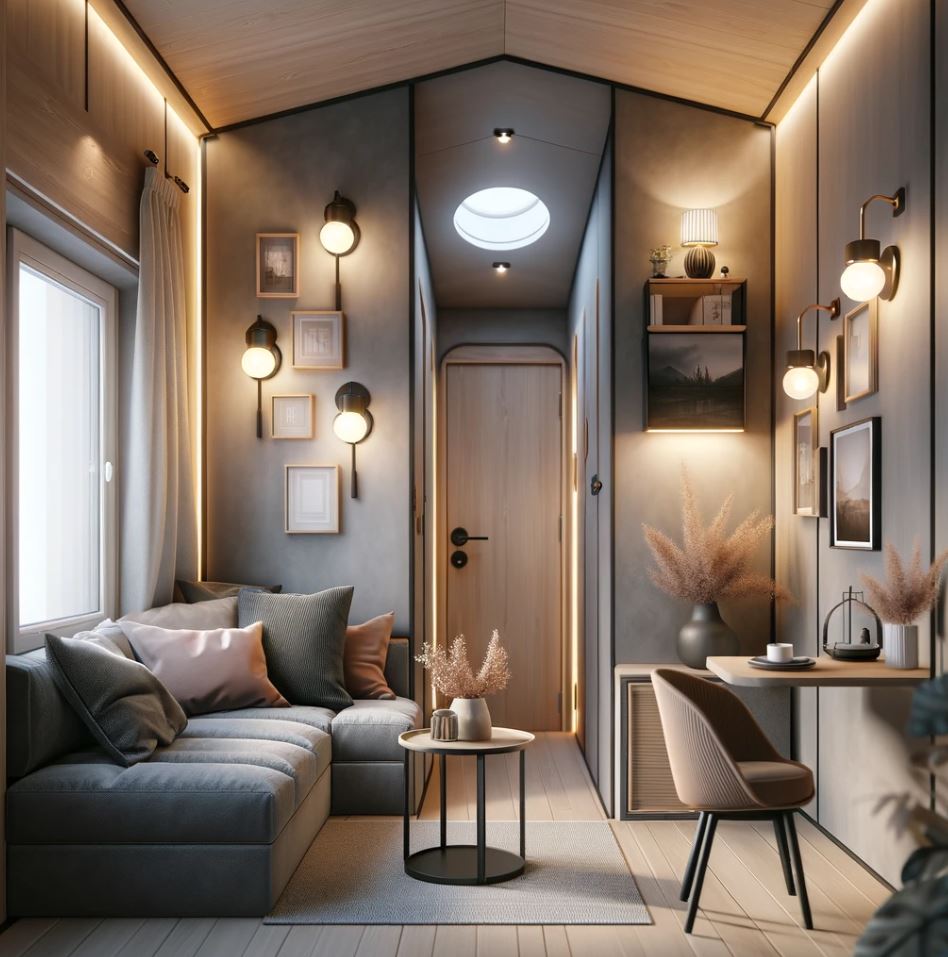 an elegant tiny home living area illuminated by stylish wall-mounted sconces.