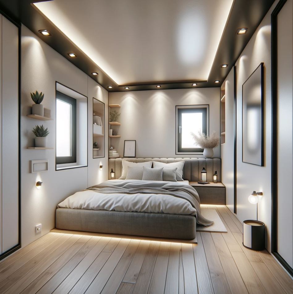 a chic tiny home bedroom with recessed lighting creating a bright and uncluttered look.
