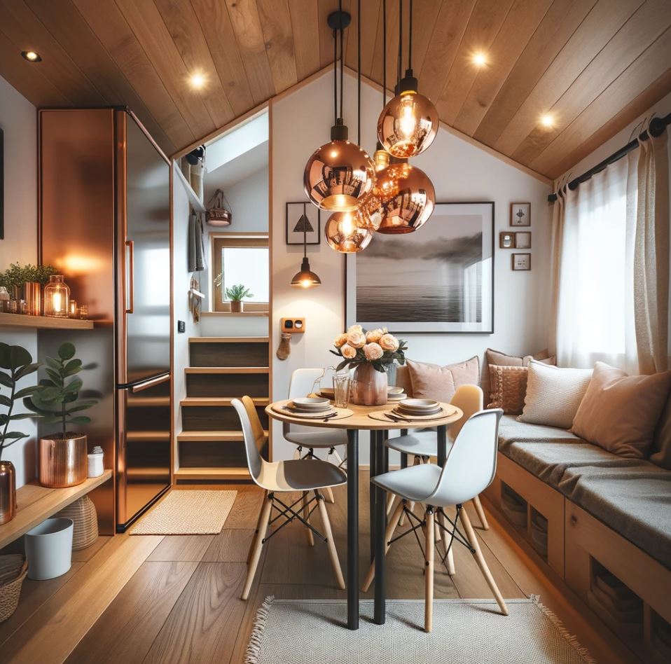 a tiny home dining area accentuated with shiny copper pendant lights.