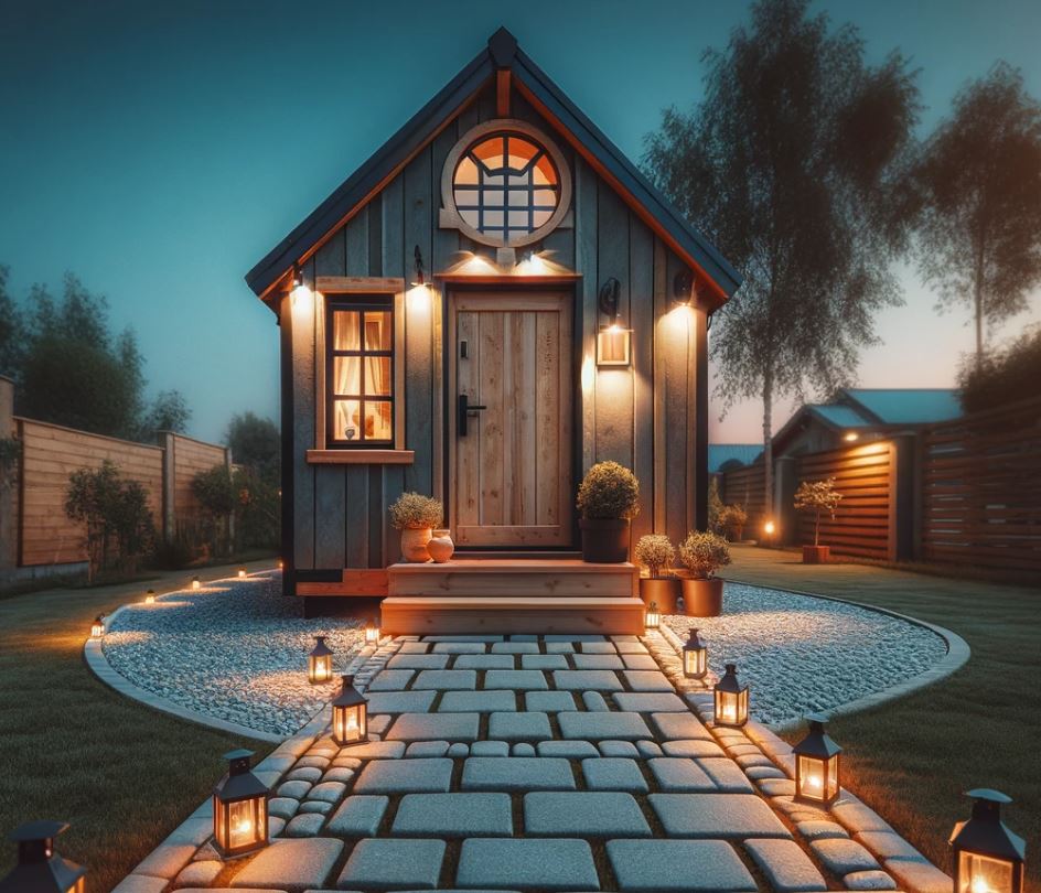 a tiny home exterior at dusk with solar-powered pathway lights leading to the door.