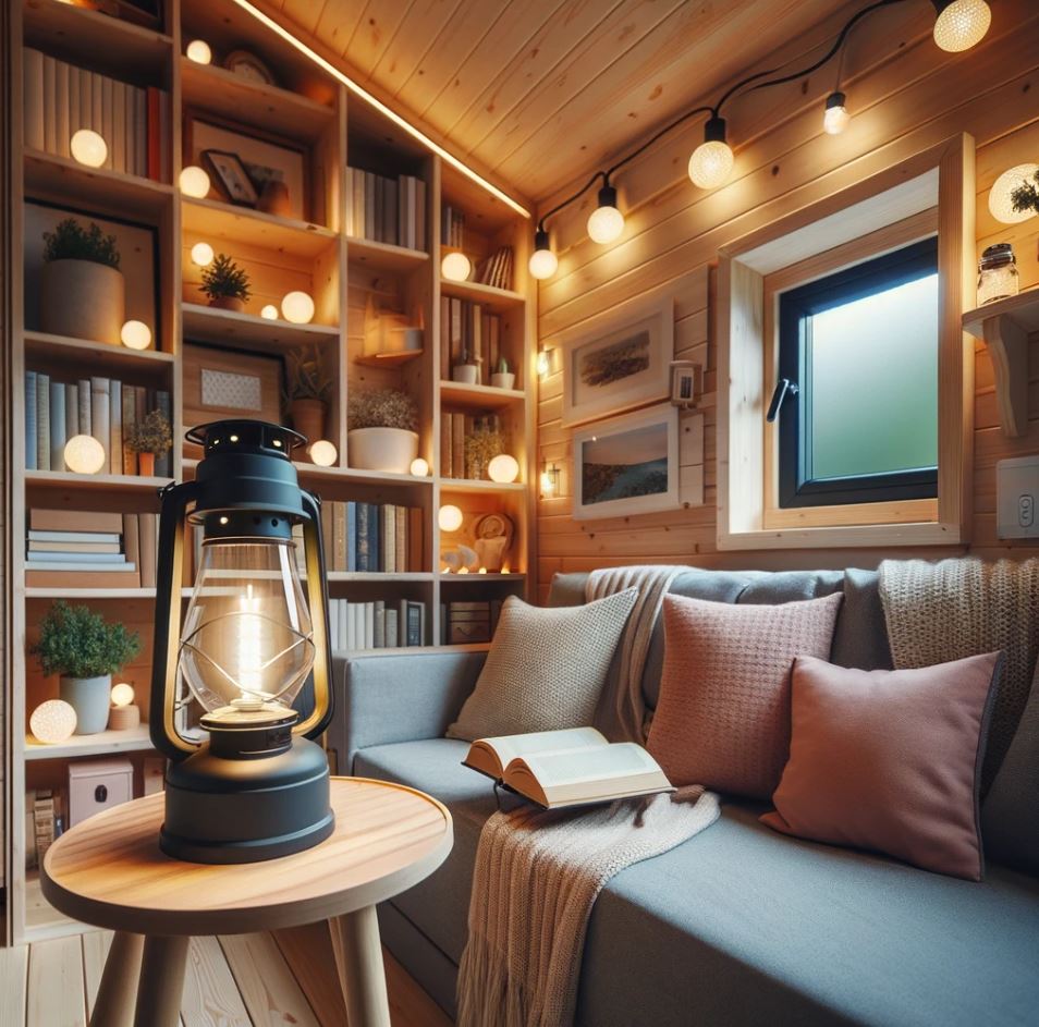 cozy tiny home reading nook with a stylish portable LED lantern on a side table.