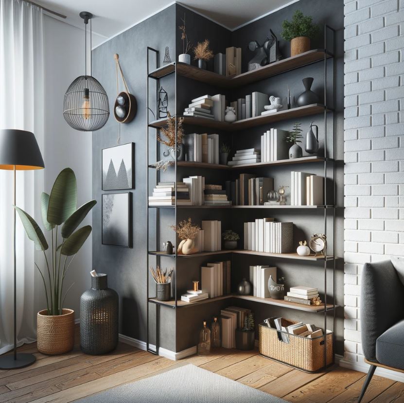 Corner Shelving Unit in Small Room