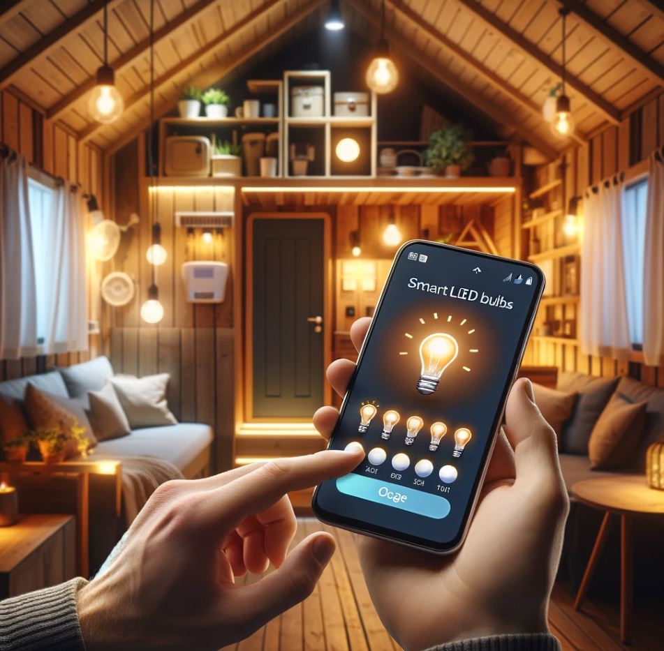 a person using a smartphone to adjust the settings of smart LED bulbs in a cozy tiny home interior.