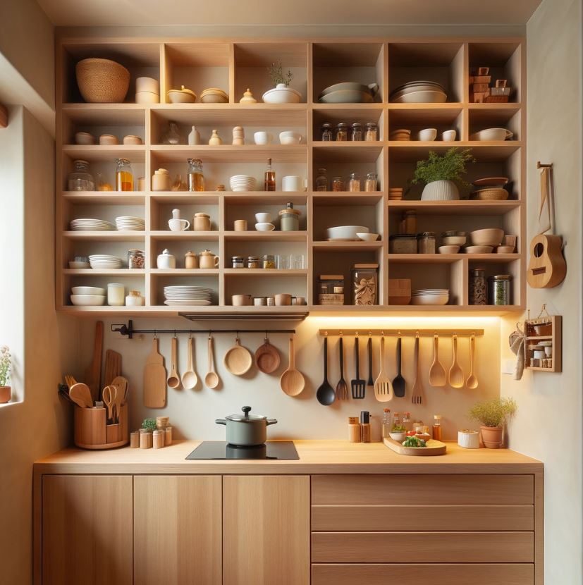 Maximizing vertical space in a tiny kitchen with floating shelves and wall-mounted storage