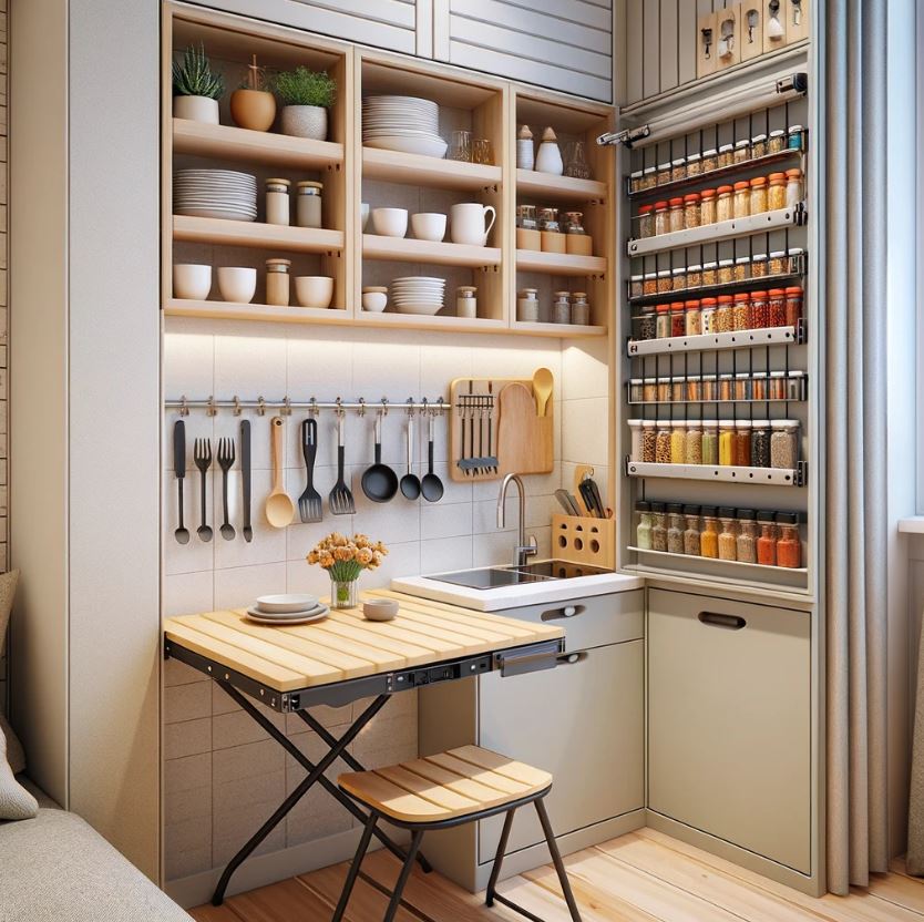 Space-saving wall-mounted tables and utensil holders in a small kitchen layout
