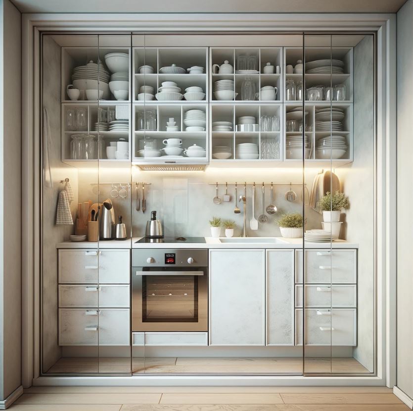 Glass door cabinets in a tiny kitchen creating depth and openness in the decor