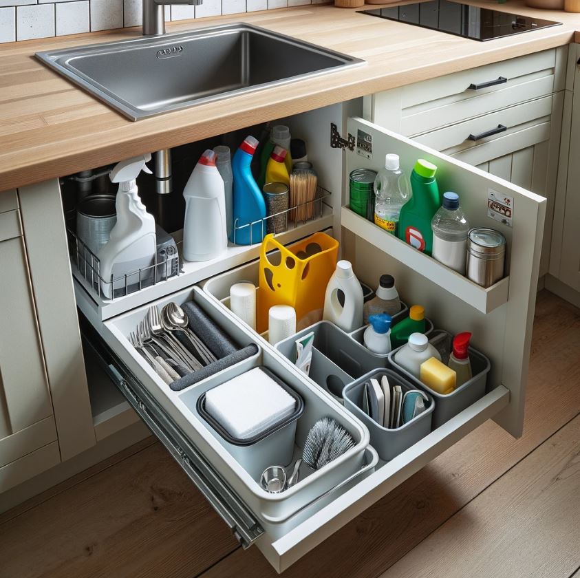 Maximizing under-sink storage with pull-out bins and organizers in tiny kitchens