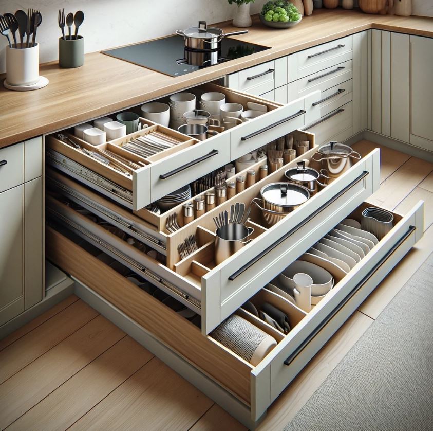 Organized drawer space with dividers and inserts, essential for tiny kitchen efficiency