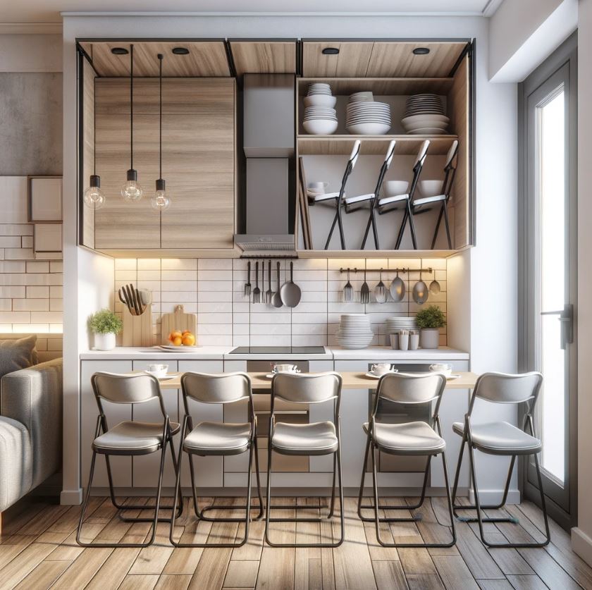 Space-saving seating solutions like wall-mounted folding chairs in tiny kitchens