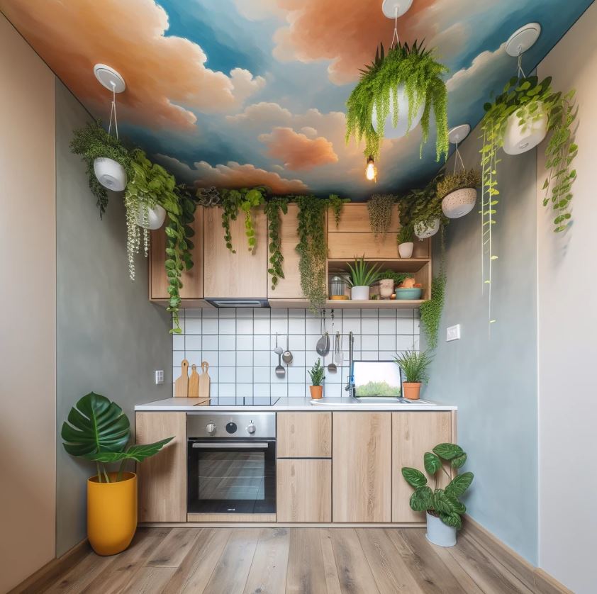 Enhancing tiny kitchens with painted ceilings and hanging plant decorations