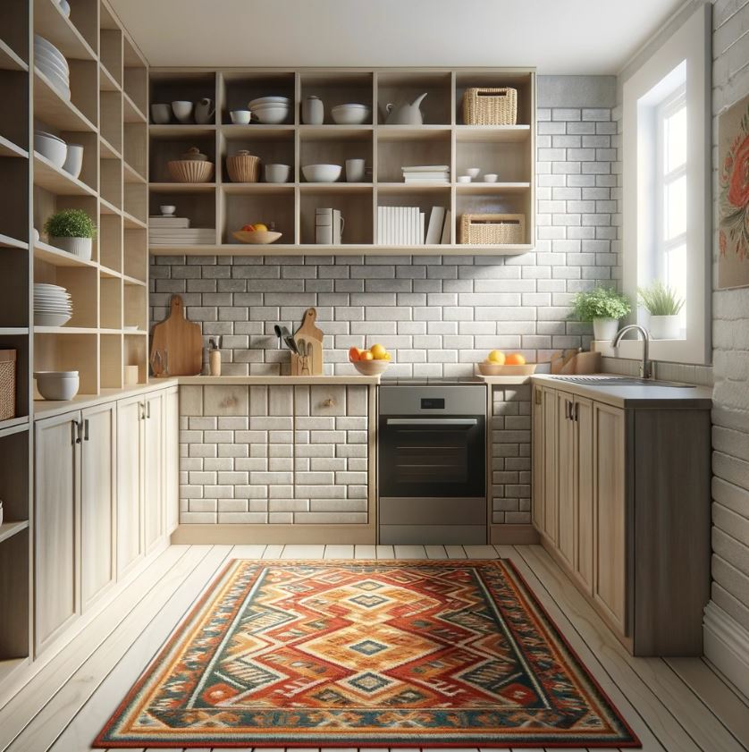Large format tiles and colorful rugs adding character to tiny kitchen floors