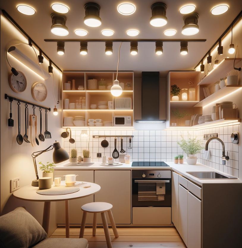 Adaptable lighting with dimmable and clip-on lights in a tiny kitchen setting