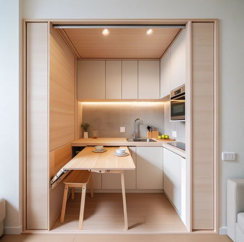 Transforming tiny kitchens with multi-functional furniture including foldable tables and space-saving stools