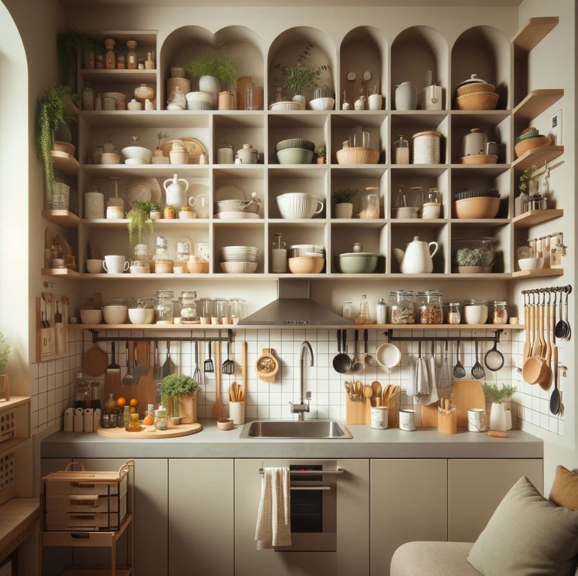 Efficient use of open shelving in a small kitchen space for a neat and organized look