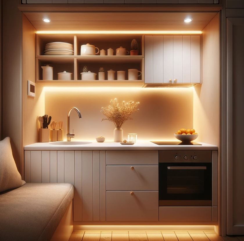 Strategic under-cabinet lighting in a tiny kitchen for enhanced functionality and ambiance