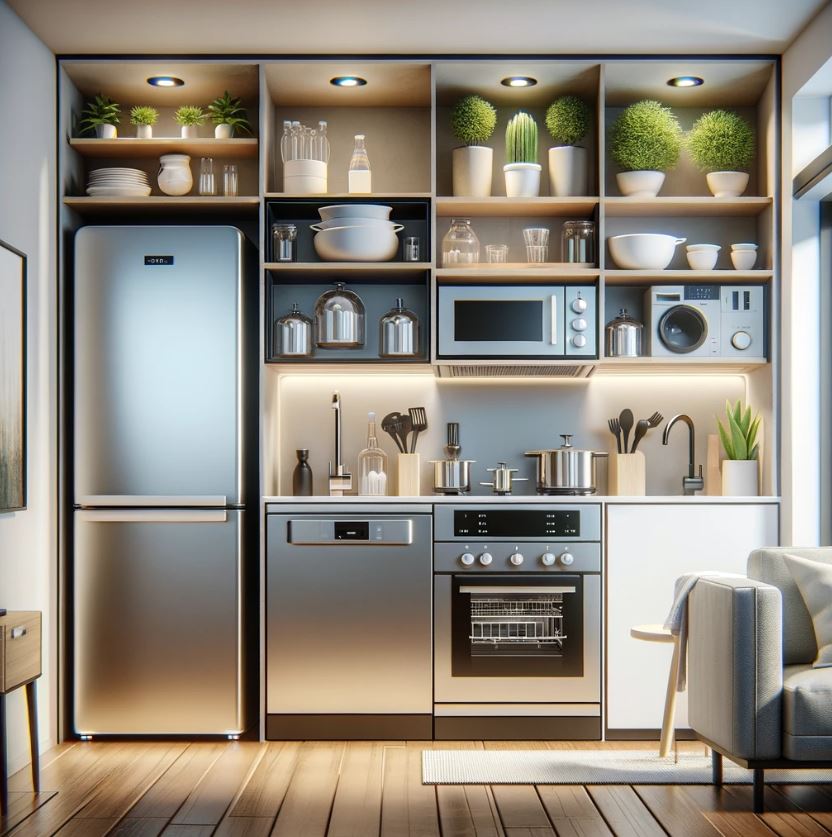 Compact and multi-functional appliances, perfect for space-efficient tiny kitchen designs